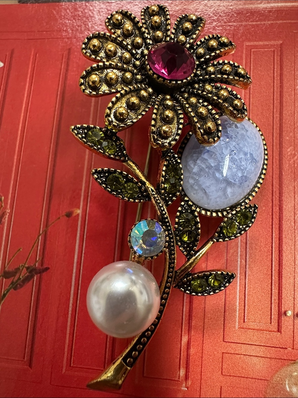 Vintage Gold Floral Brooch Accent with Pink Gem and Pearl